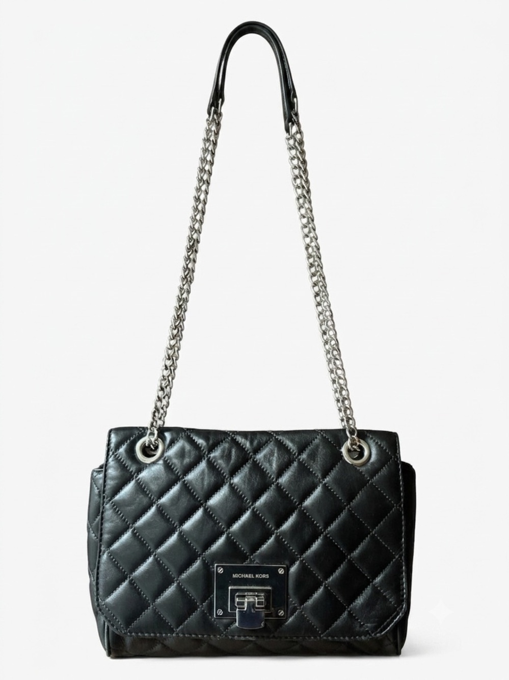 Michael Kors Vivianne Black Quilted Shoulder Bag with Silver Chain